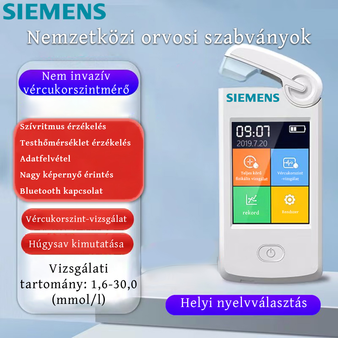 Helyi nyelvválasztás, vércukorszint-érzékelés, pulzusszám-érzékelés, testhőmérséklet-érzékelés, adatnaplózás, érintőképernyős nagyképernyő, Bluetooth kapcsolat.